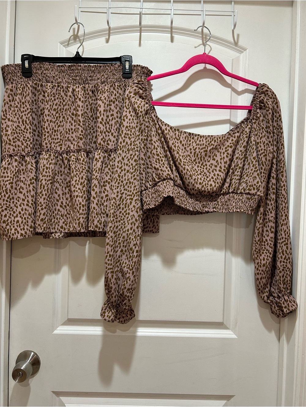 SHEIN Brown Leopard Print Off-Shoulder Crop Top & Skirt Set